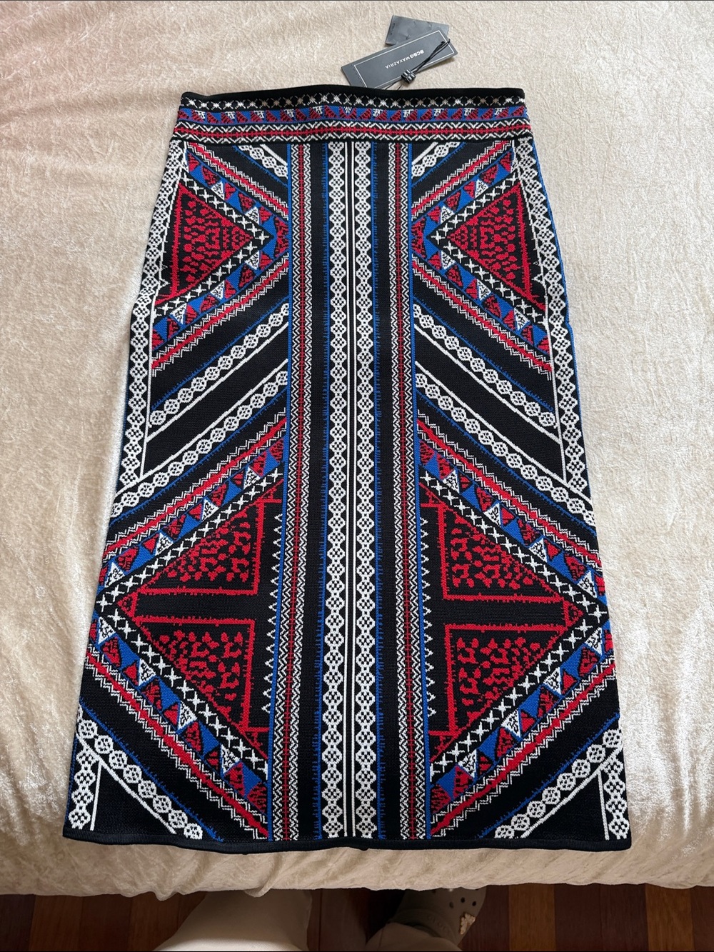 BCBGMaxAzria Red, Black & Blue Geometric Knit Pencil Skirt NWT